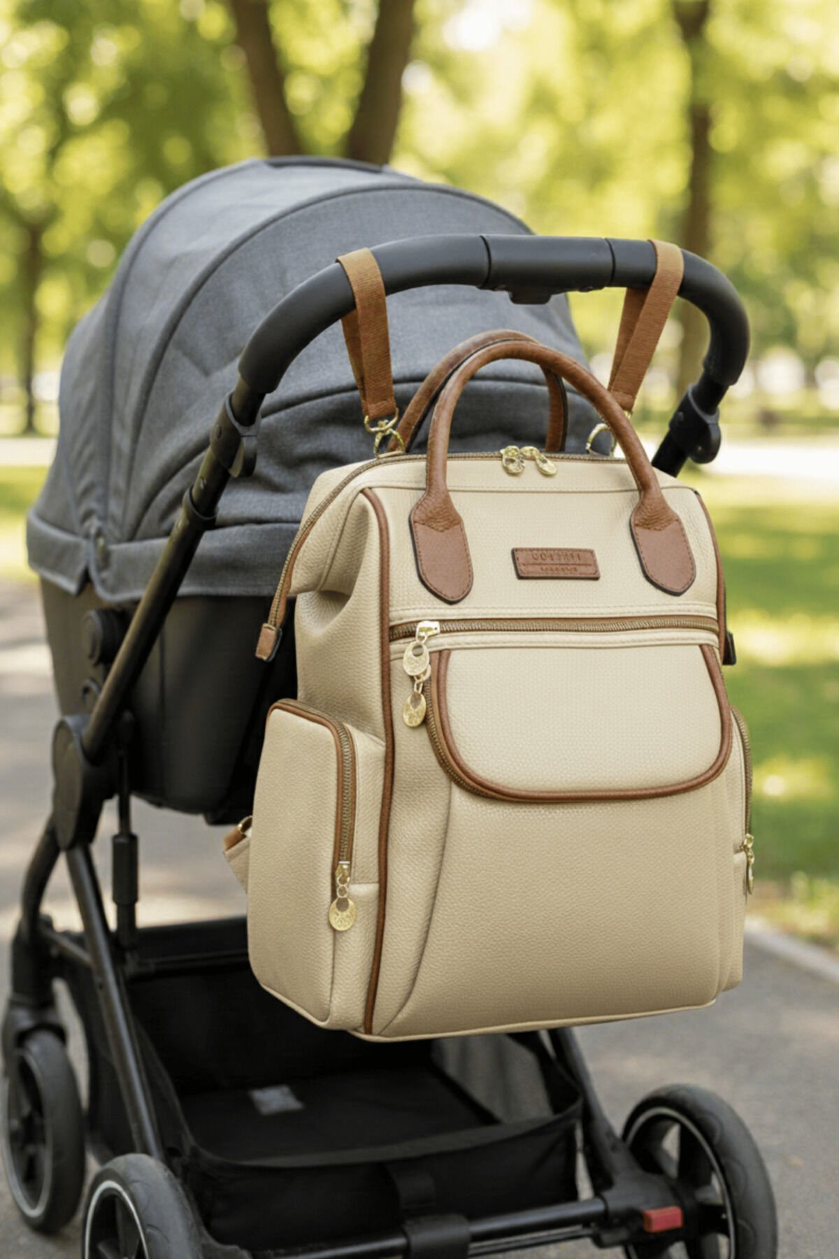 Anne Bebek Bakım Sırt-Omuz Çantası Suni Deri Su Geçirmez Termal Biberon Bölmeli Puset Askı Hediyeli