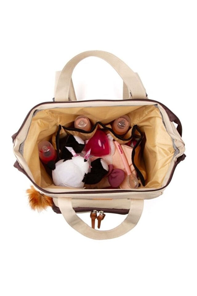 Mommy Bag Anne Çantası + Ponponlu Krem Anne Bebek Bakım Sırt ve Omuz Çantası İkili Takım Set