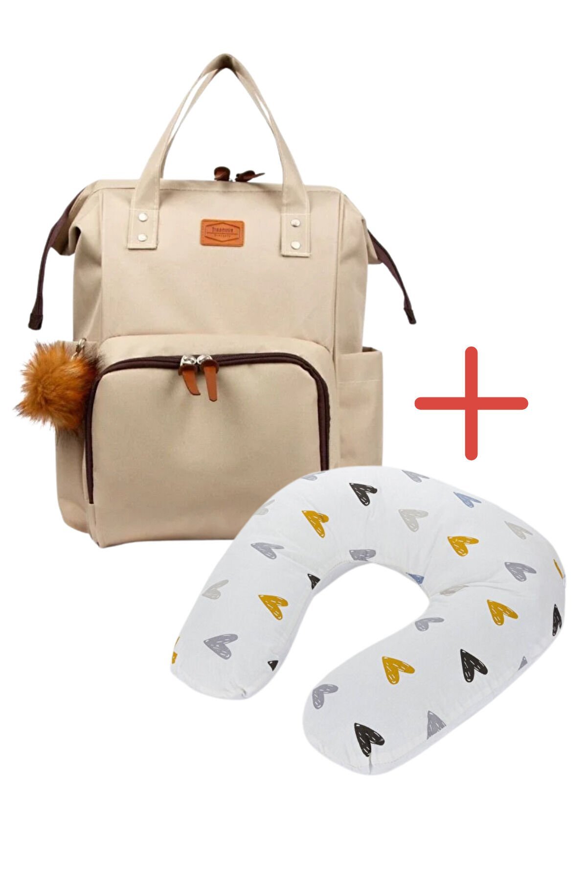 Mommy Bag Anne Çantası + Ponponlu Krem Anne Bebek Bakım Sırt ve Omuz Çantası İkili Takım Set