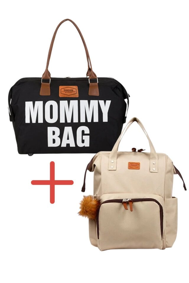 Mommy Bag Anne Çantası + İp Askılı Hasır Plaj Çantası Seti