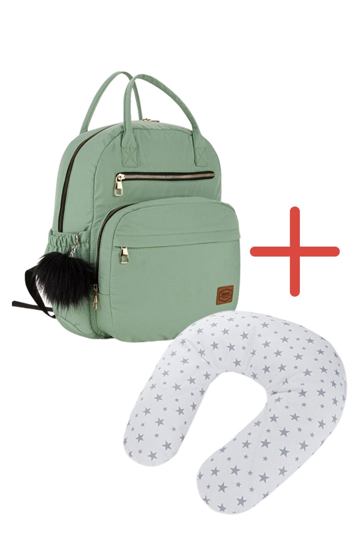 Püsküllü Anne Bebek Çantası + Ergonomik Emzirme Yastığı Seti