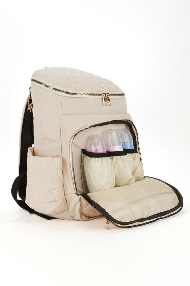 Nakışlı Bondit Hafif Kumaş Anne Bebek Bakım Çantası Termoslu Biberon Cepleri