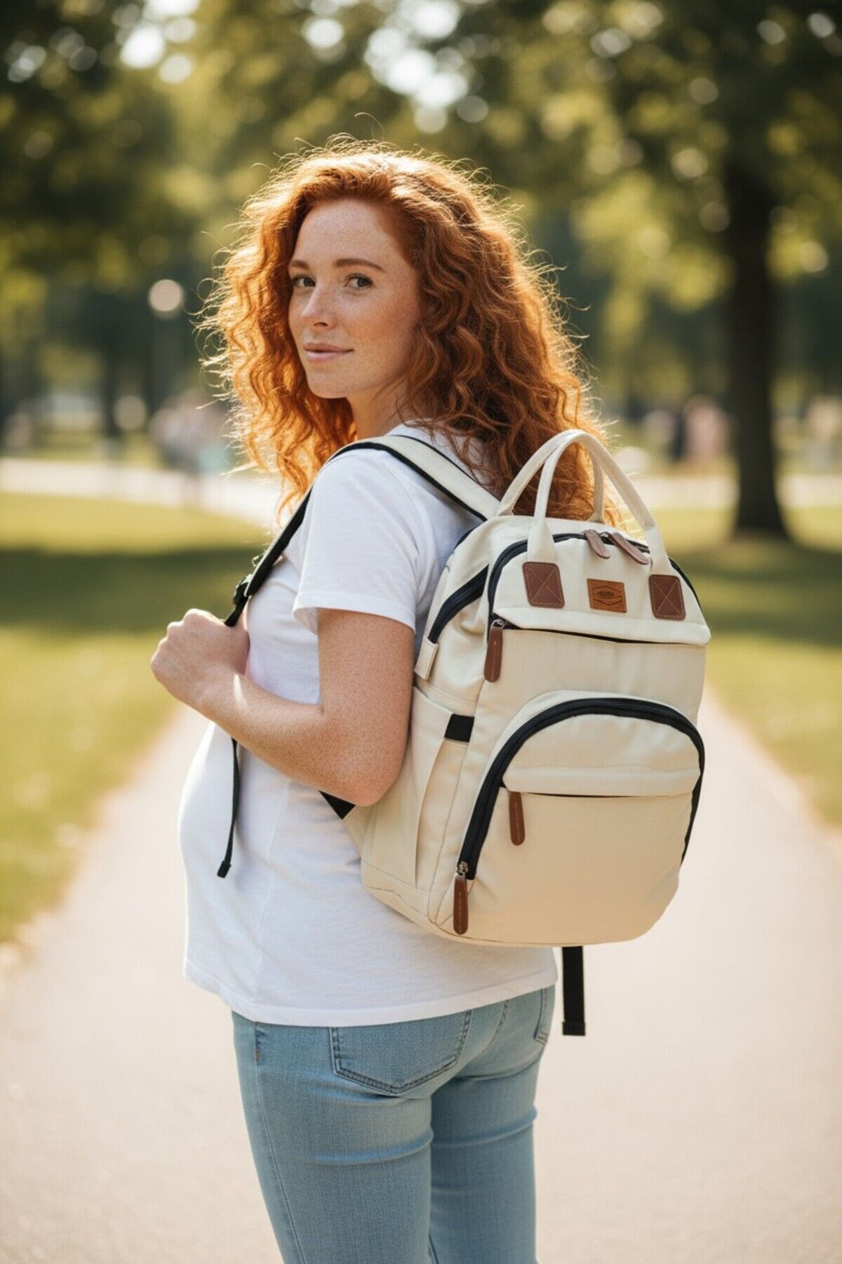 Nakışlı Bondit Hafif Kumaş Anne Bebek Bakım Çantası Termoslu Biberon Cepleri