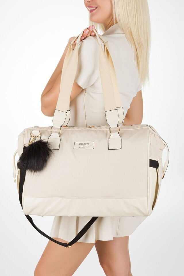 Anne Bebek Bakım Sırt ve Omuz Çantası Püsküllü Model Su Geçirmez Geniş Termal Biberon Gözlü